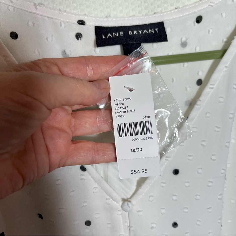 Lane Bryant White and Black Polka Dot Button-Front Blouse built in lining - Picture 3 of 11